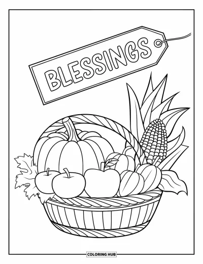 Coloriage de Joyeux Thanksgiving pour enfants : Panier de récolte rempli de citrouilles, de pommes, de maïs et d'une étiquette « Blessings »