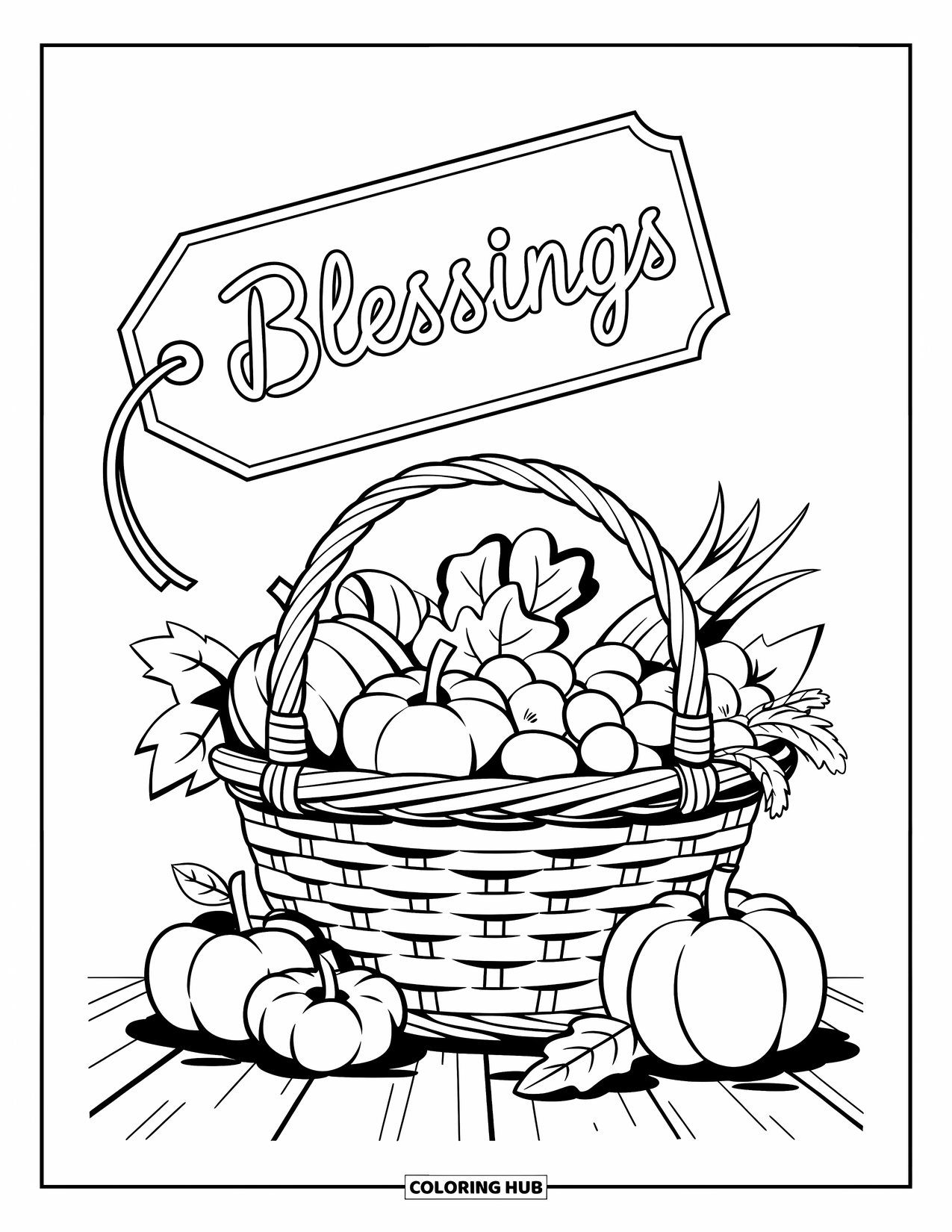 Happy Thanksgiving Coloring Page for Kids: Harvest basket with corn, apples, and a "Blessings" tag on a wooden base