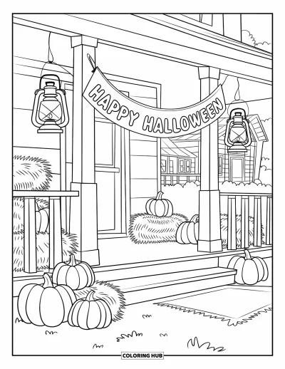 Coloriage de Joyeux Thanksgiving pour enfants : Lanternes, citrouilles et bottes de foin décorant la véranda d'une ferme pour Halloween