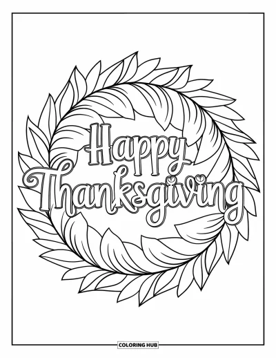 Coloriage de Joyeux Thanksgiving pour enfants : Mandala de feuilles avec les mots « Happy Thanksgiving » au centre