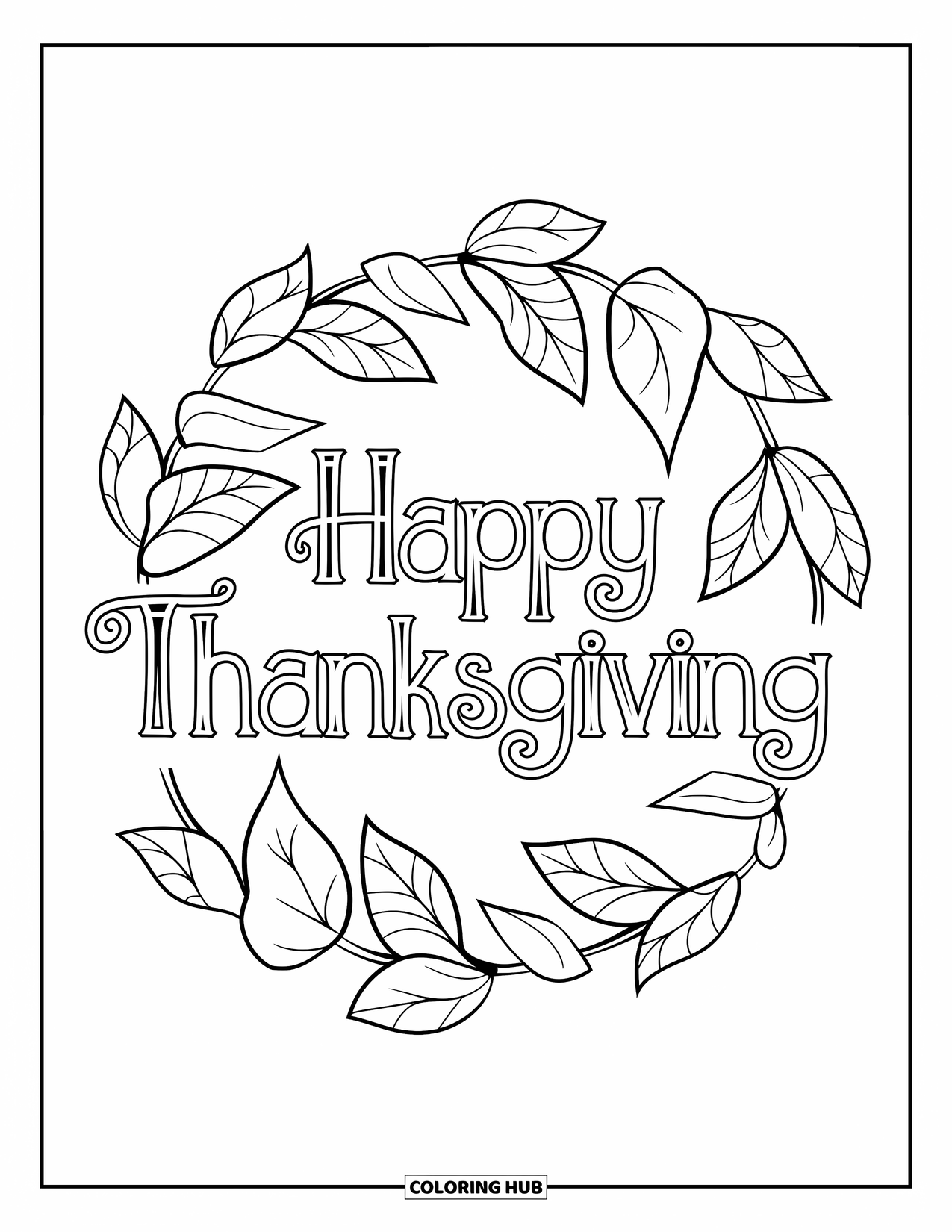 Happy Thanksgiving Coloring Page for Kids: Mandala of leaves surrounds the words "Happy Thanksgiving" in outlined letters