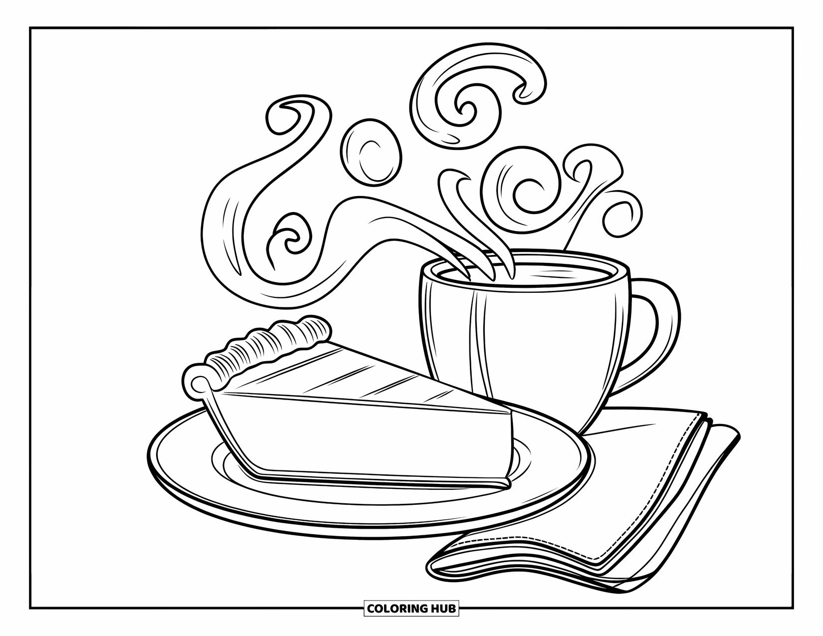 Happy Thanksgiving Coloring Page for Kids: Pie slice with steam and a warm drink beside a neatly folded napkin