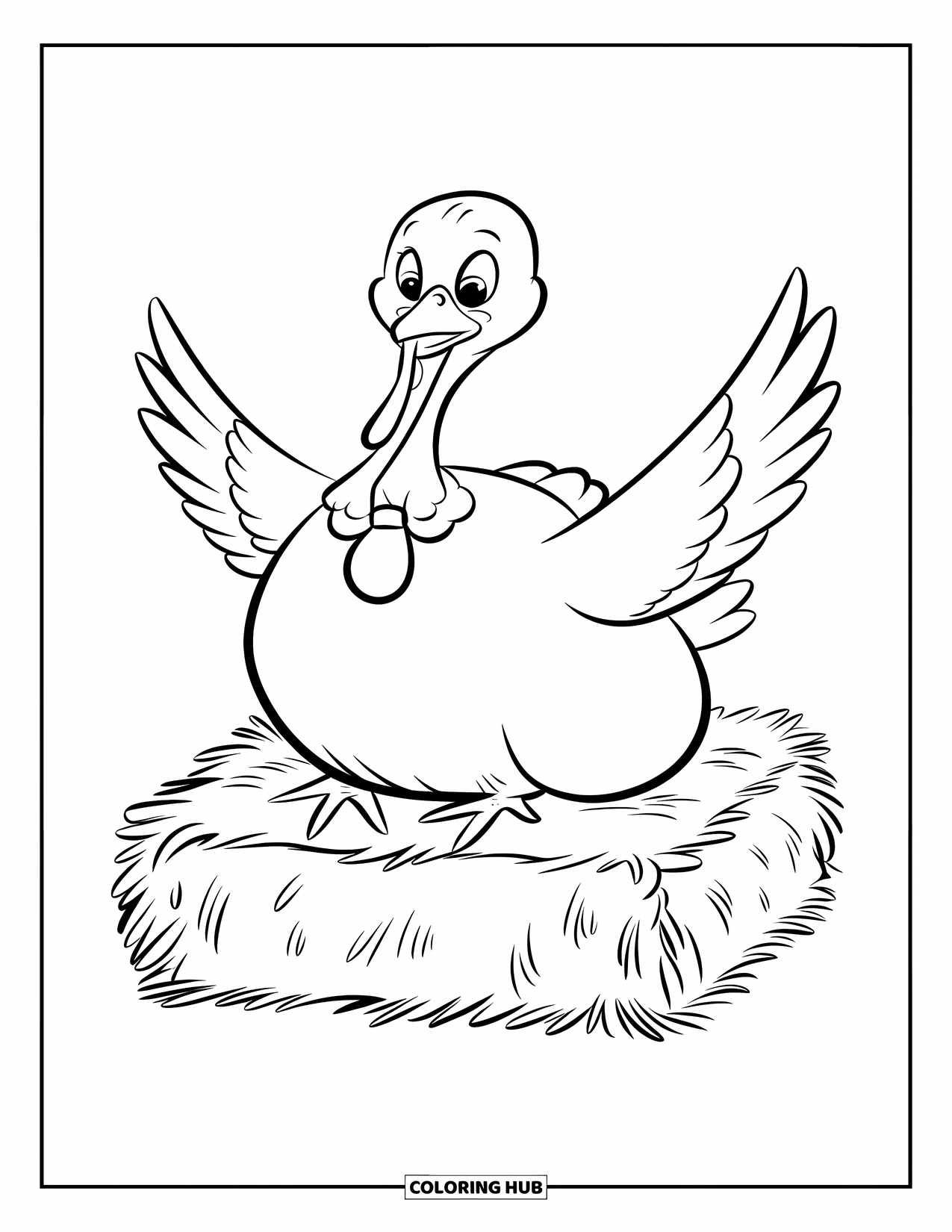 Happy Thanksgiving Coloring Page for Kids: Plump turkey with ribbon sits on a hay bale with simple hay details