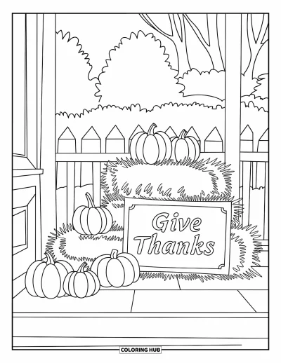 Coloriage de Joyeux Thanksgiving pour enfants : Véranda avec des bottes de foin, des citrouilles et un panneau festif « Give Thanks »