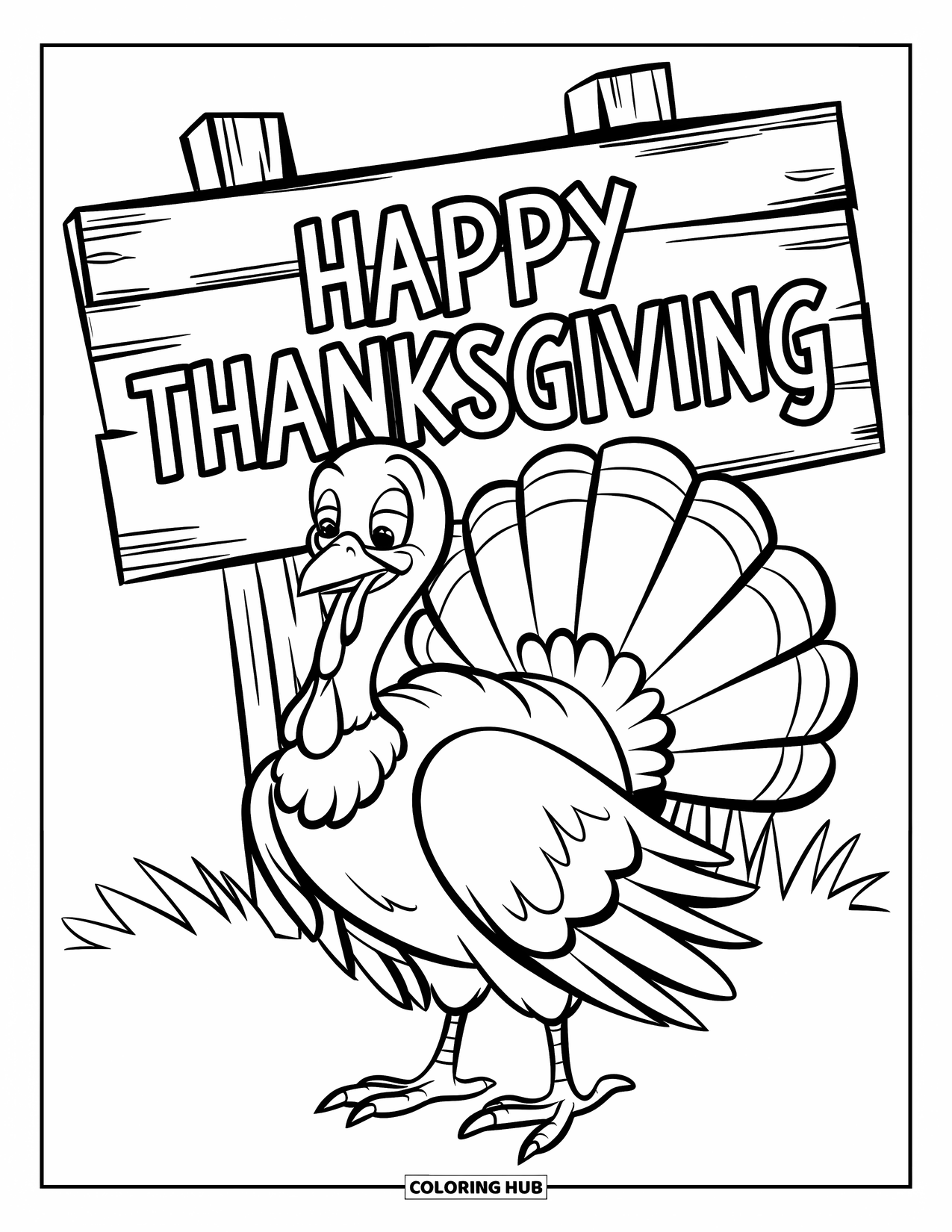 Happy Thanksgiving Coloring Page for Kids: Proud turkey in front of a wooden "Happy Thanksgiving" sign in a field