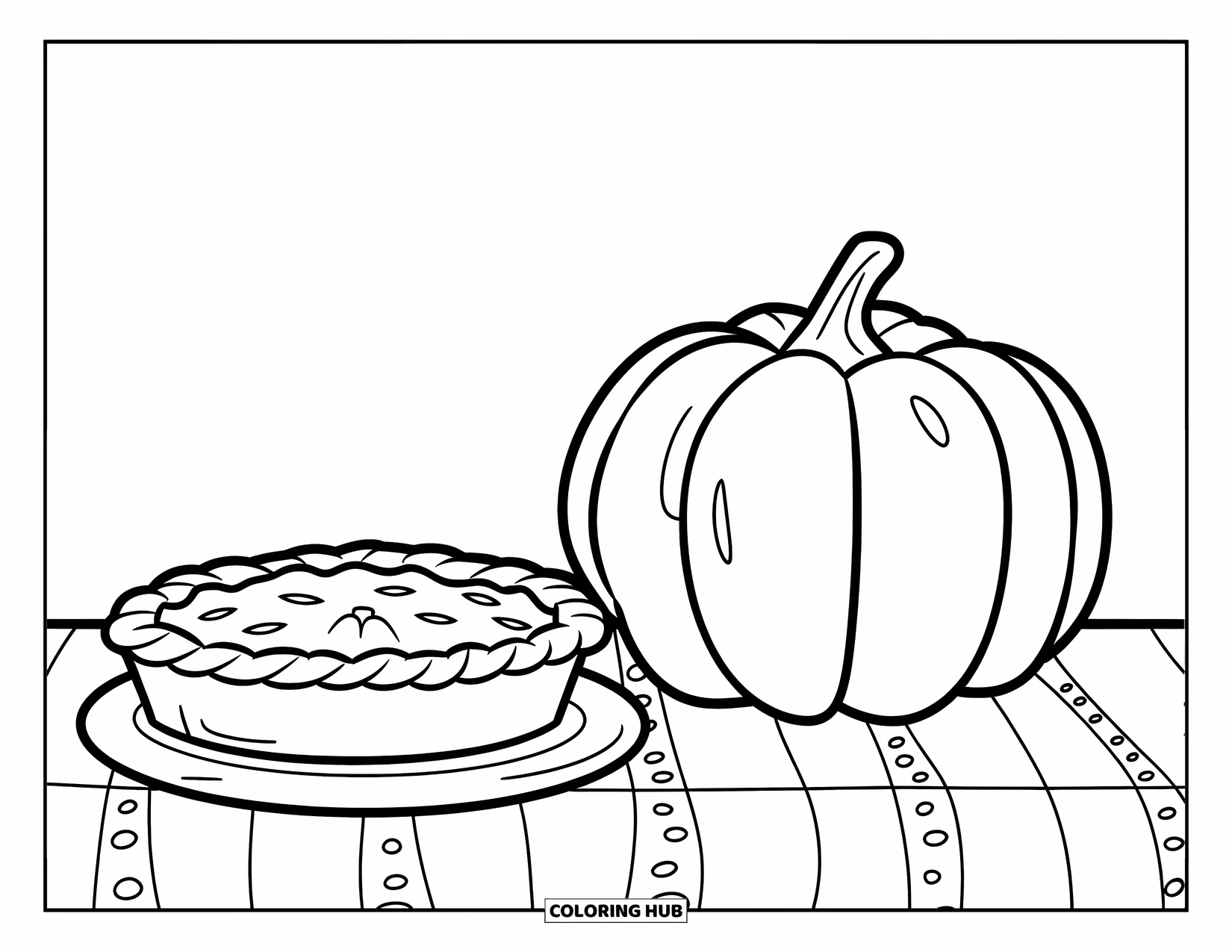 Happy Thanksgiving Coloring Page for Kids: Pumpkin and apple pie sitting on a table with clean outlines