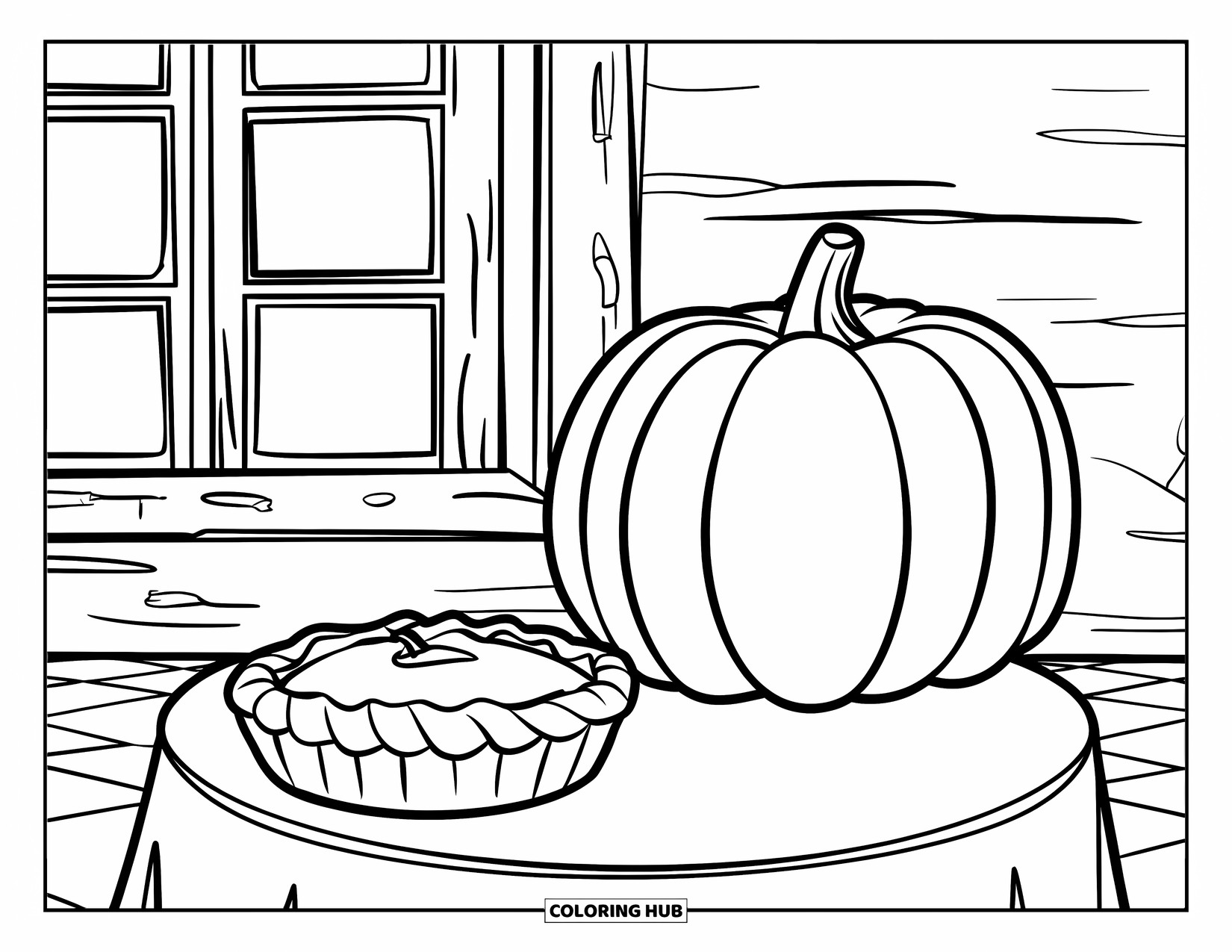 Happy Thanksgiving Coloring Page for Kids: Pumpkin and pie on a checkered floor by a rustic wall