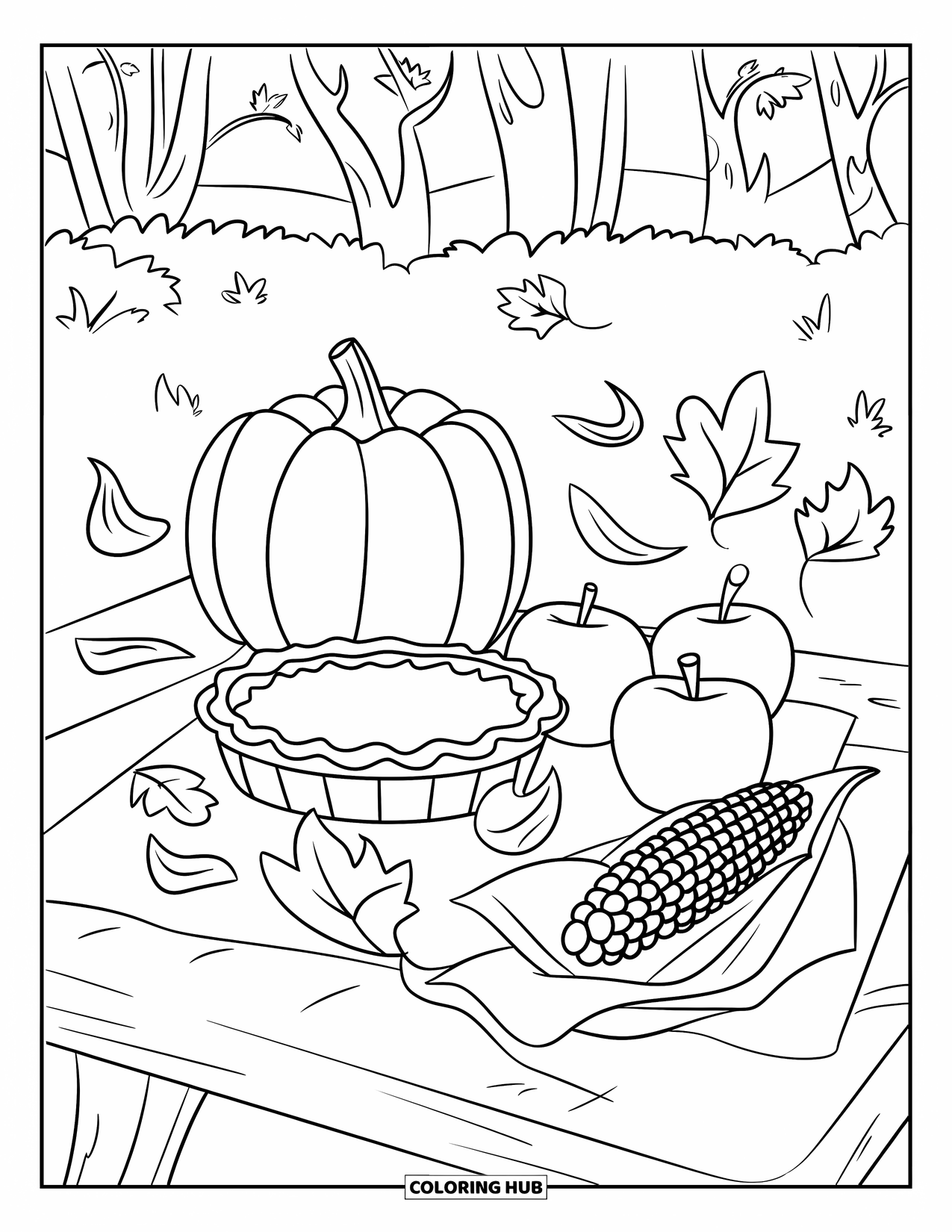 Happy Thanksgiving Coloring Page for Kids: Pumpkin pie, apples, and corn set on a table with swirling leaves