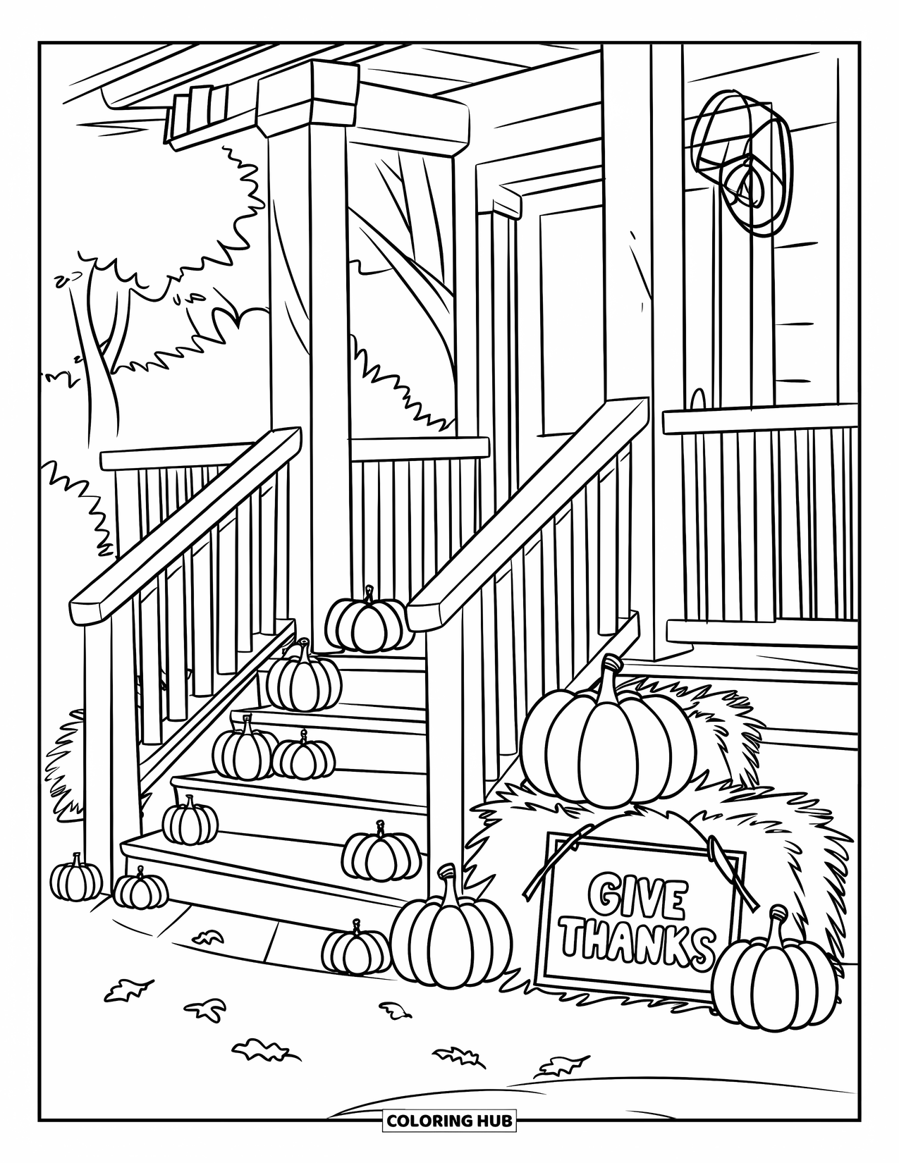 Happy Thanksgiving Coloring Page for Kids: Pumpkins, hay, and a "Give Thanks" sign decorate a cozy porch