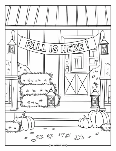 Coloriage de Joyeux Thanksgiving pour enfants : Citrouilles, bottes de foin et arbres entourant une véranda avec une banderole « Fall is Here »