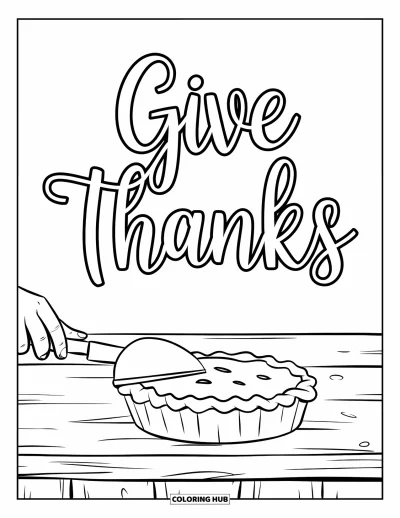 Coloriage de Joyeux Thanksgiving pour enfants : Cuisine rustique avec une tarte en train d'être découpée et un panneau « Give Thanks » sur le mur