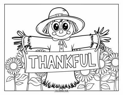 Coloriage de Joyeux Thanksgiving pour enfants : Épouvantail aux yeux en boutons dans un carré de tournesols tenant une banderole « Thankful »