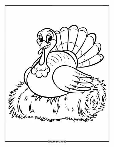 Coloriage de Joyeux Thanksgiving pour enfants : Dindon souriant assis sur une botte de foin avec des plumes soignées et sans fond