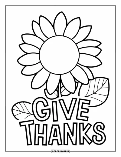 Coloriage de Joyeux Thanksgiving pour enfants : Tournesol avec « Give Thanks » en lettres dessinées en dessous