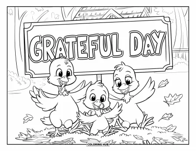 Coloriage de Joyeux Thanksgiving pour enfants : Trois dindons jouant dans les feuilles à côté d'un panneau « Grateful Day » et des arbres