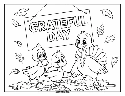 Coloriage de Joyeux Thanksgiving pour enfants : Famille de dindons jouant dans les feuilles sous un panneau « Grateful Day »