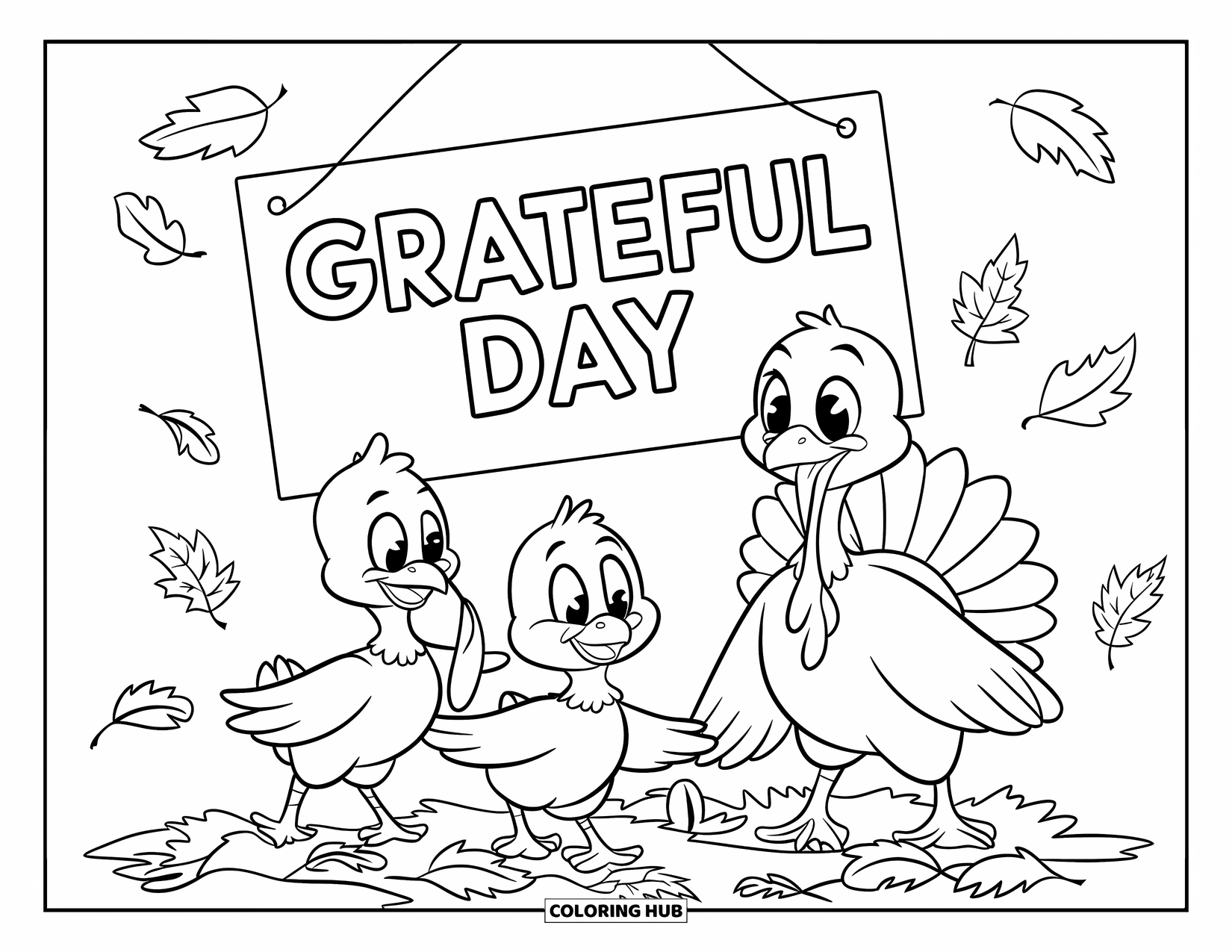 Happy Thanksgiving Coloring Page for Kids: Turkey family playing in leaves under a "Grateful Day" sign