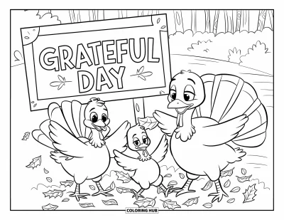 Coloriage de Joyeux Thanksgiving pour enfants : Famille de dindons jouant dans les feuilles avec des arbres, un chemin et un panneau « Grateful Day »