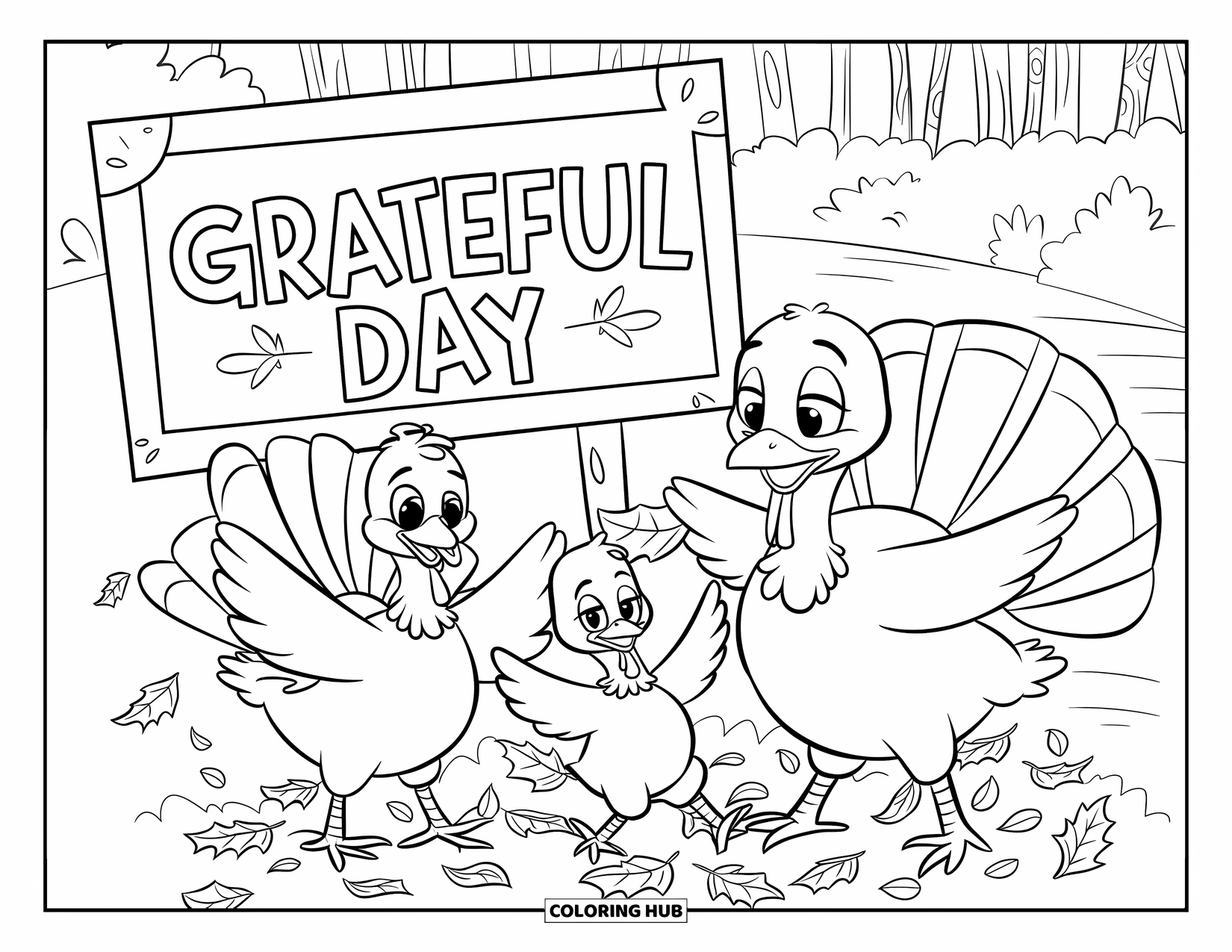Happy Thanksgiving Coloring Page for Kids: Turkey family playing in leaves with trees, a path, and a "Grateful Day" sign