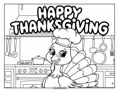 Coloriage de Joyeux Thanksgiving pour enfants : Dindon en toque de cuisinier dans une cuisine sous une banderole « Happy Thanksgiving »