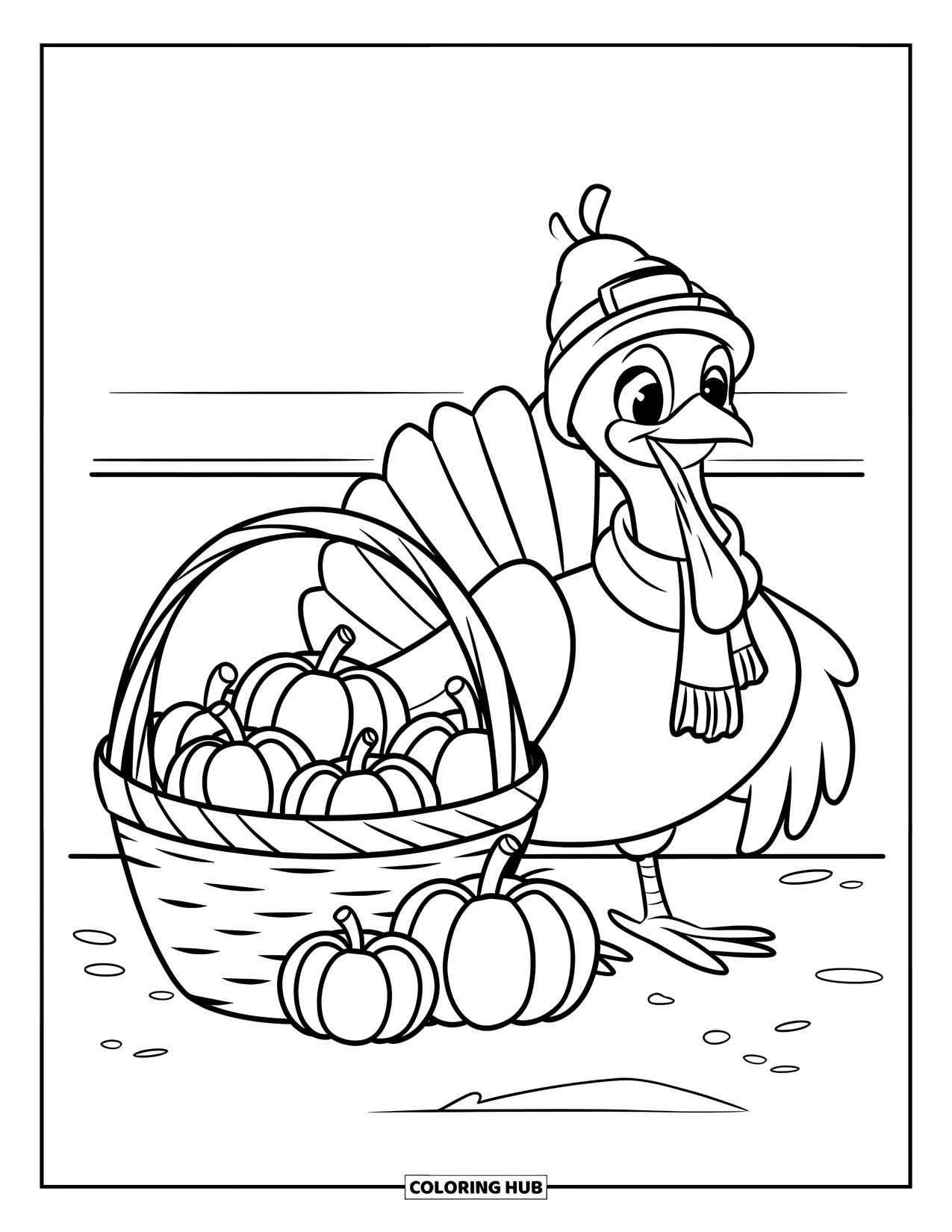 Happy Thanksgiving Coloring Page for Kids: Turkey wearing a scarf and hat beside a basket of apples and pumpkins