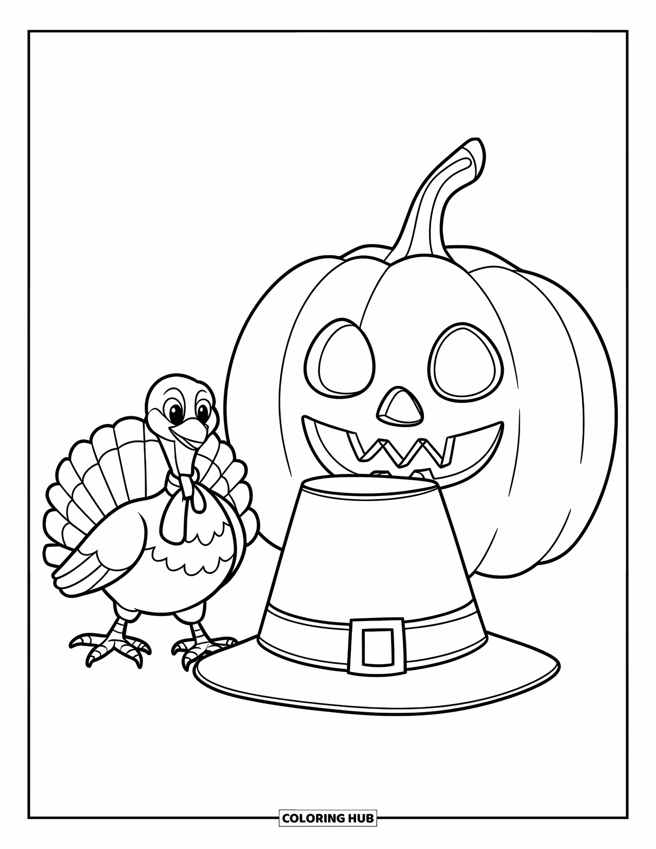 Happy Thanksgiving Coloring Page for Kids: Turkey wearing a scarf beside a carved pumpkin and a pilgrim hat