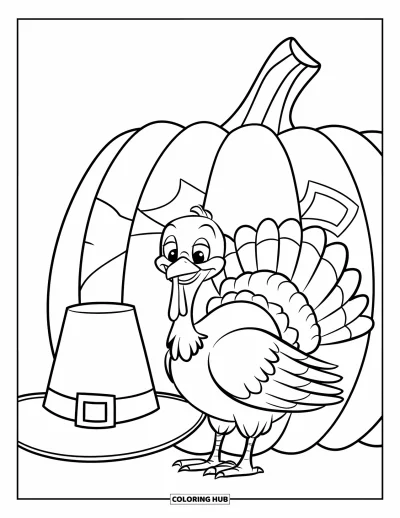 Coloriage de Joyeux Thanksgiving pour enfants : Dindon avec un chapeau de pèlerin et une citrouille, idéal pour une scène automnale festive