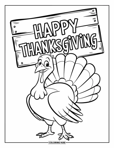 Coloriage de Joyeux Thanksgiving pour enfants : Dindon aux plumes déployées devant un panneau « Happy Thanksgiving »