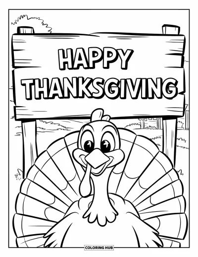 Coloriage de Joyeux Thanksgiving pour enfants : Dindon aux grandes plumes à côté d'un panneau « Happy Thanksgiving » et des arbres