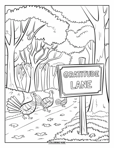 Coloriage de Joyeux Thanksgiving pour enfants : Des dindons sur un sentier couvert de feuilles avec un panneau « Gratitude Lane » et une forêt d'automne