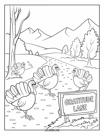 Coloriage de Joyeux Thanksgiving pour enfants : Dindons sur un sentier avec un panneau « Gratitude Lane » et un paysage de montagne