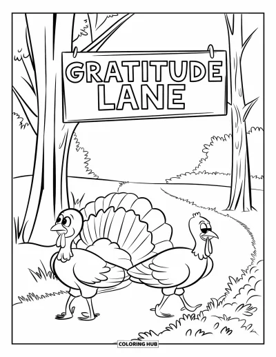 Coloriage de Joyeux Thanksgiving pour enfants : Dindons marchant sur un sentier d'automne à côté d'un panneau « Gratitude Lane » et des arbres