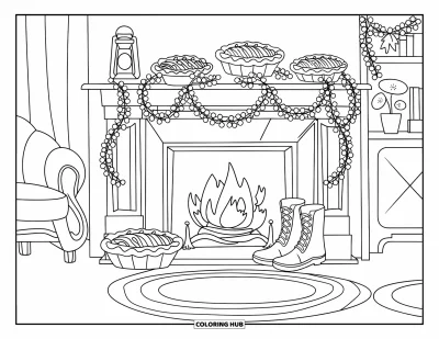 Coloriage de Joyeux Thanksgiving pour enfants : Cheminée chaleureuse avec des tartes d'automne, des bottes, un fauteuil et des décorations douillettes