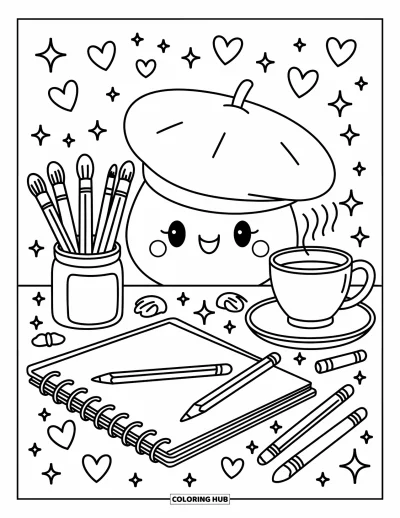 Coloriage de chapeau pour adultes : Coin d'artiste avec un béret, du thé, des cœurs et des tourbillons kawaii