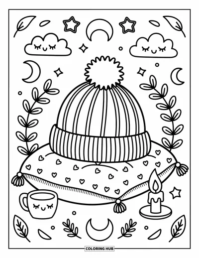 Coloriage de chapeau pour adultes : Bonnet sur un oreiller avec un chocolat chaud, des lunes endormies et des nuages feuillus
