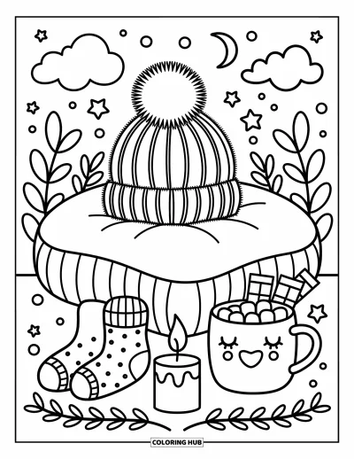 Coloriage de chapeau pour adultes : Bonnet avec des chamallows, des chaussettes douillettes et de jolis gribouillis de nuages