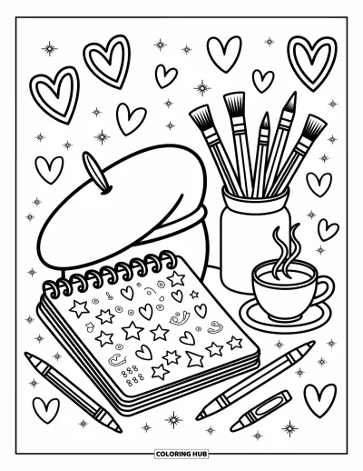Coloriage de chapeau pour adultes : Béret près d'un carnet de croquis avec des crayons, du thé et des gribouillis étincelants