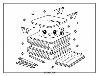 Coloriage de chapeau pour adultes : Casquette et livres souriants dans une salle de classe animée pleine de gribouillis amusants