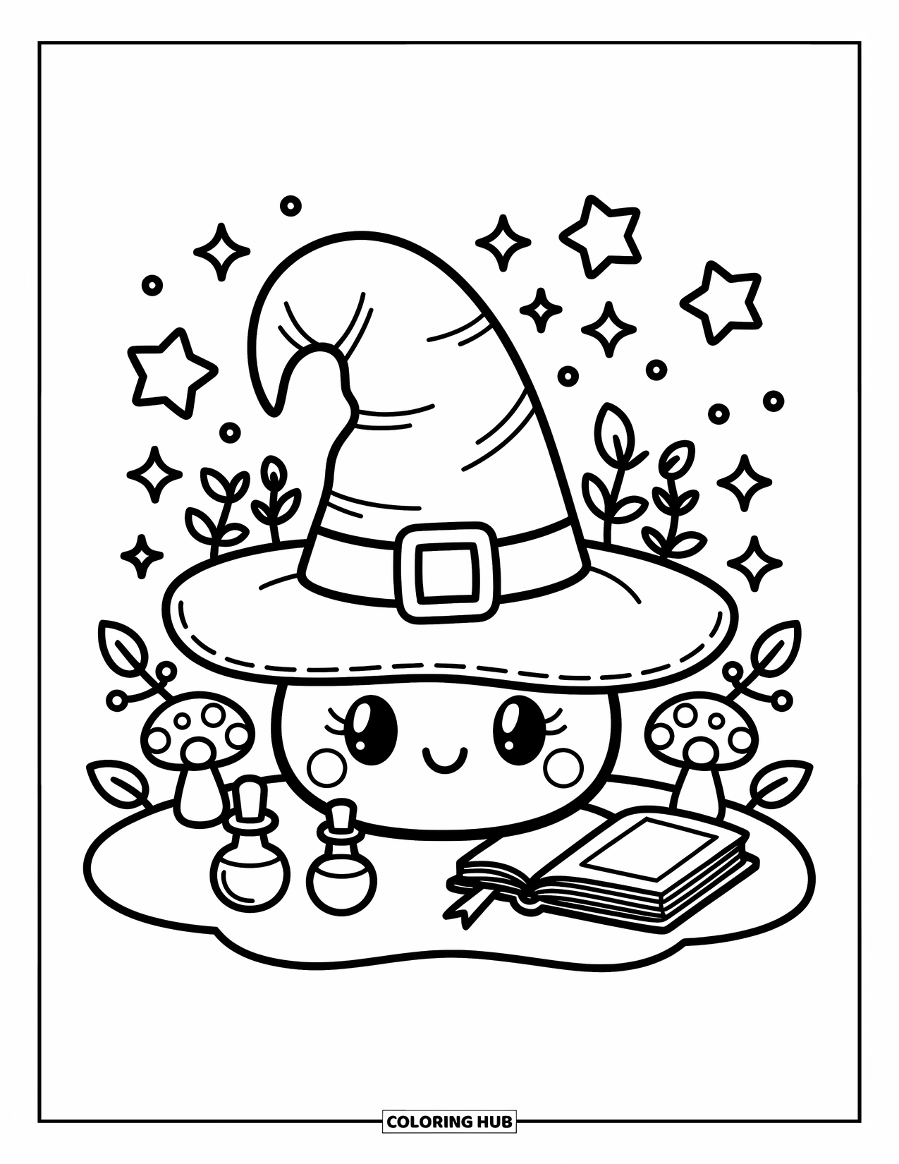 Hat Coloring Page for Adults: Charming witch hat with potions, floating stars, and leafy details