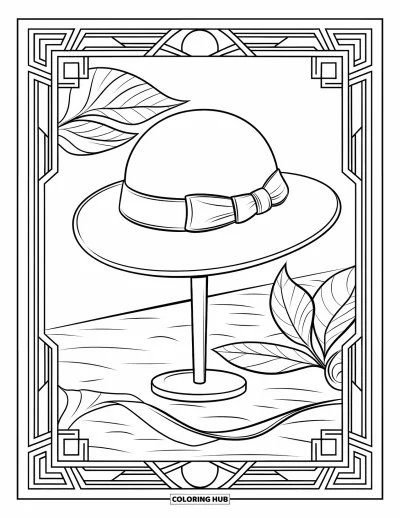 Coloriage de chapeau pour adultes : Chapeau cloche sur un mannequin avec des feuilles et un ruban en arrière-plan