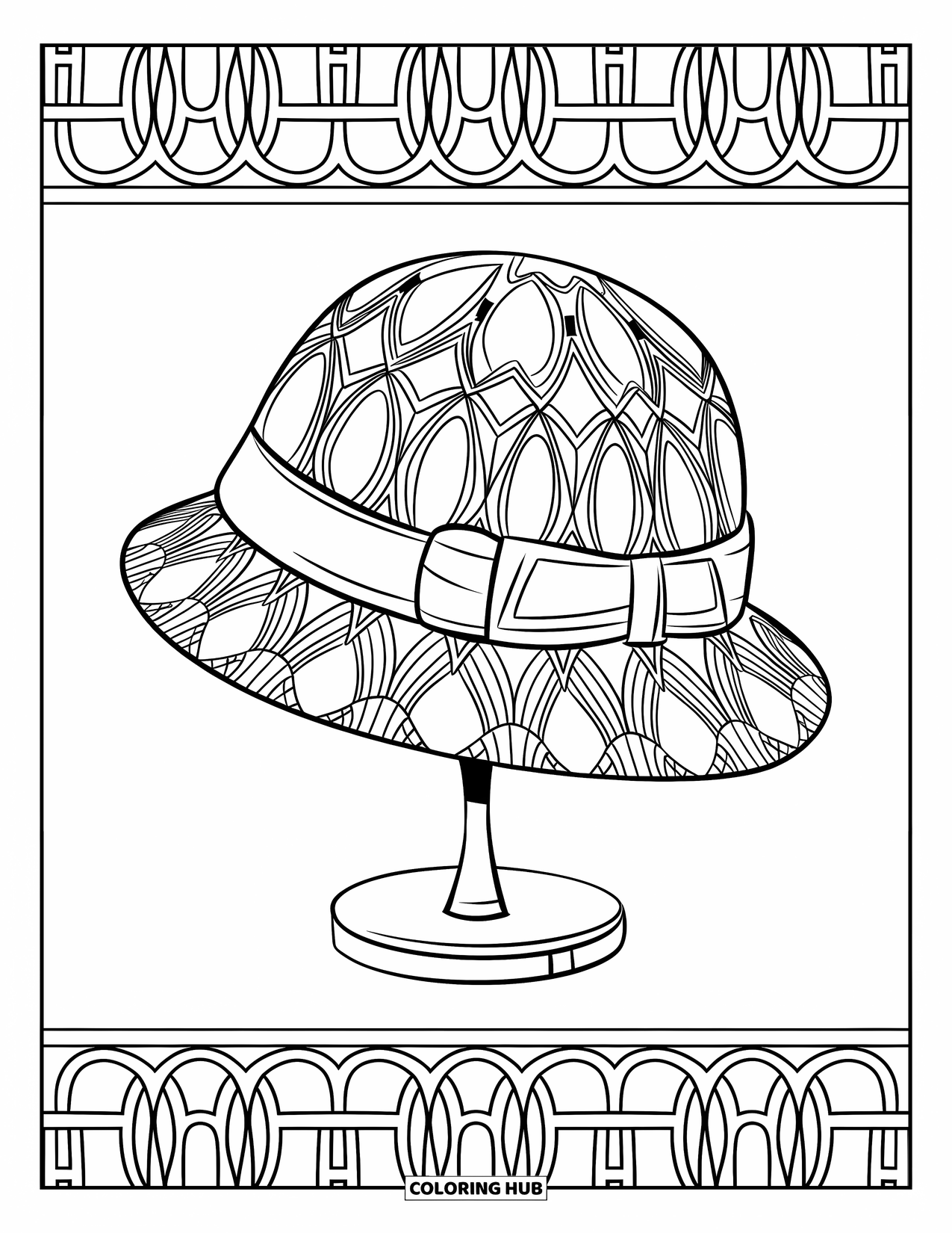 Hat Coloring Page for Adults: Cloche hat with art deco patterns on a simple background