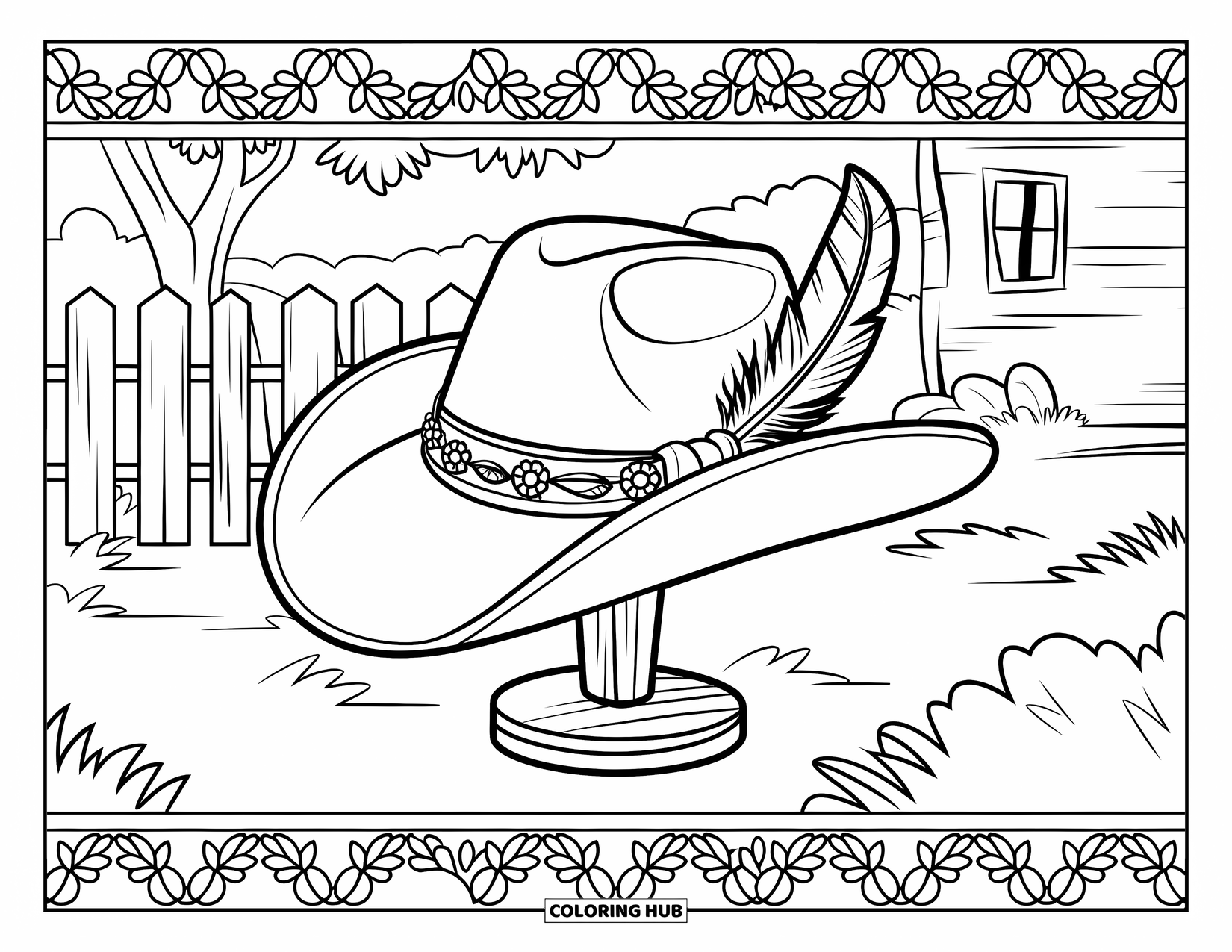Hat Coloring Page for Adults: Cowboy hat on a stand in a rustic yard with trees and filigree border