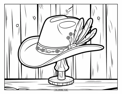 Coloriage de chapeau pour adultes : Chapeau de cowboy à plumes avec un filigrane floral sur un support en bois
