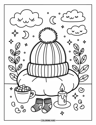 Coloriage de chapeau pour adultes : Scène douillette avec un bonnet, des chaussettes, un chocolat chaud et des motifs apaisants