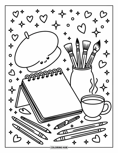 Coloriage de chapeau pour adultes : Scène créative avec un béret, un carnet de croquis et une atmosphère artistique scintillante