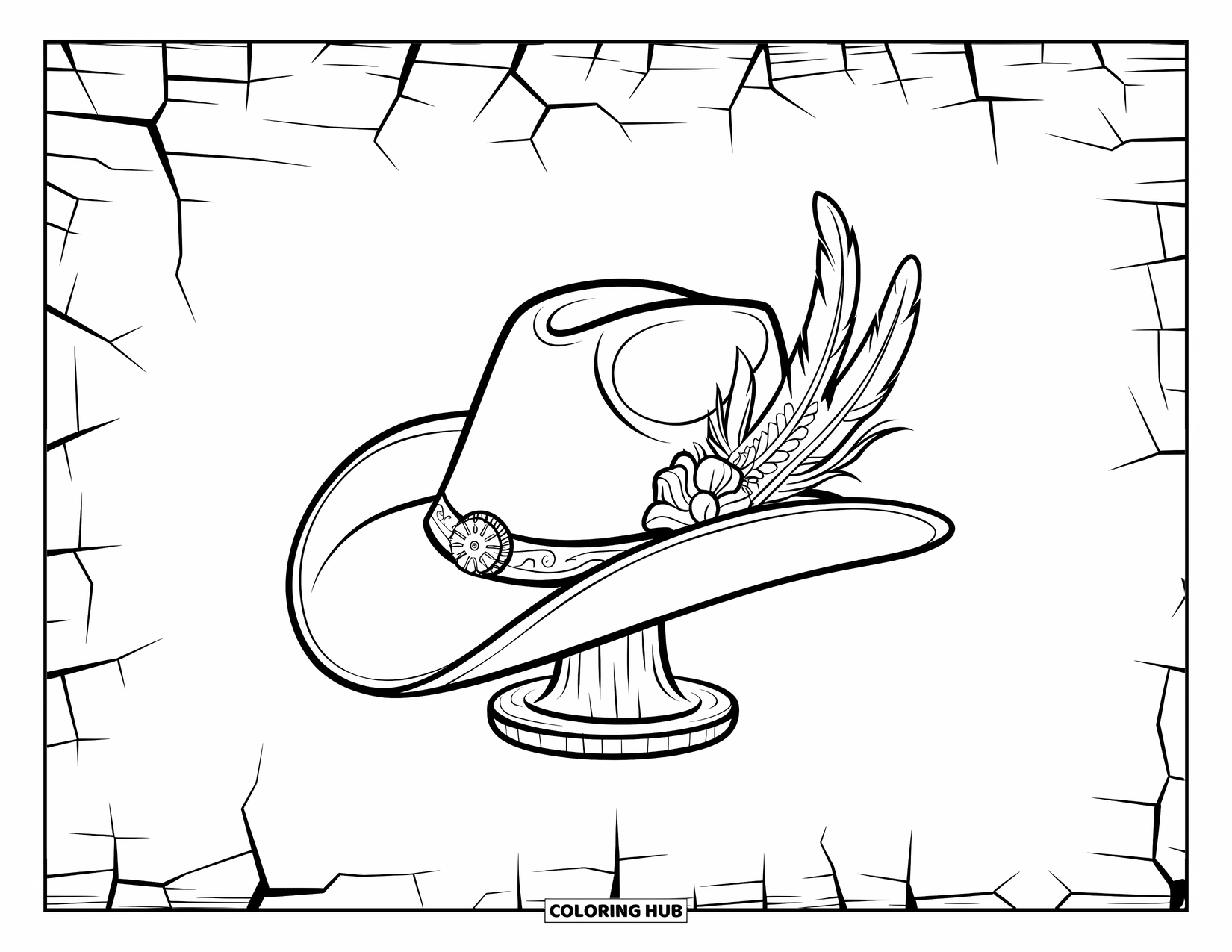 Hat Coloring Page for Adults: Feathered cowboy hat with floral designs against a rustic, cracked wall
