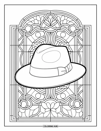 Coloriage de chapeau pour adultes : Fedora au centre de la page entouré de motifs de vitrail floral