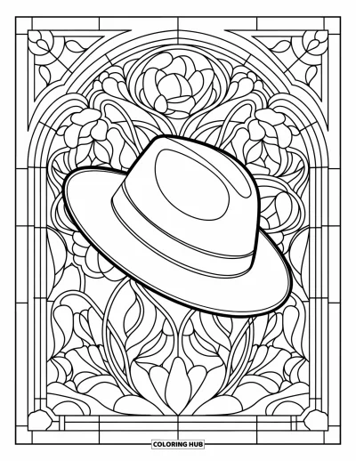 Coloriage de chapeau pour adultes : Fedora sur le sol avec un fond élégant de vitrail fleuri