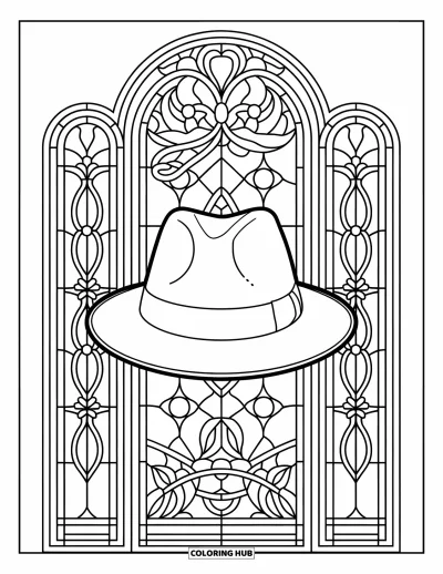 Coloriage de chapeau pour adultes : Fedora avec un vitrail floral incurvé encadré dans une scène aux murs blancs