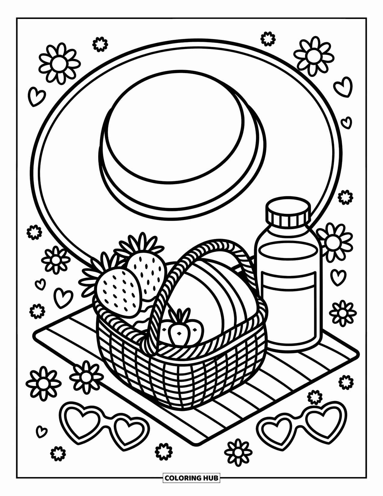 Hat Coloring Page for Adults: Floppy sunhat beside a basket of strawberries, sandwich, and juice